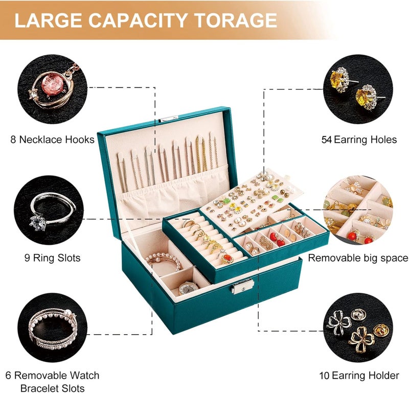 Sanikeon Jewelry Organizer Box Leather Jewelry Box for Girls Womens Earring Organizer with Lock Double Layers Jewelry Case Removable Tray for Necklace Earring Ring with Polishing Cloth and Jewelry Bags - Image 5